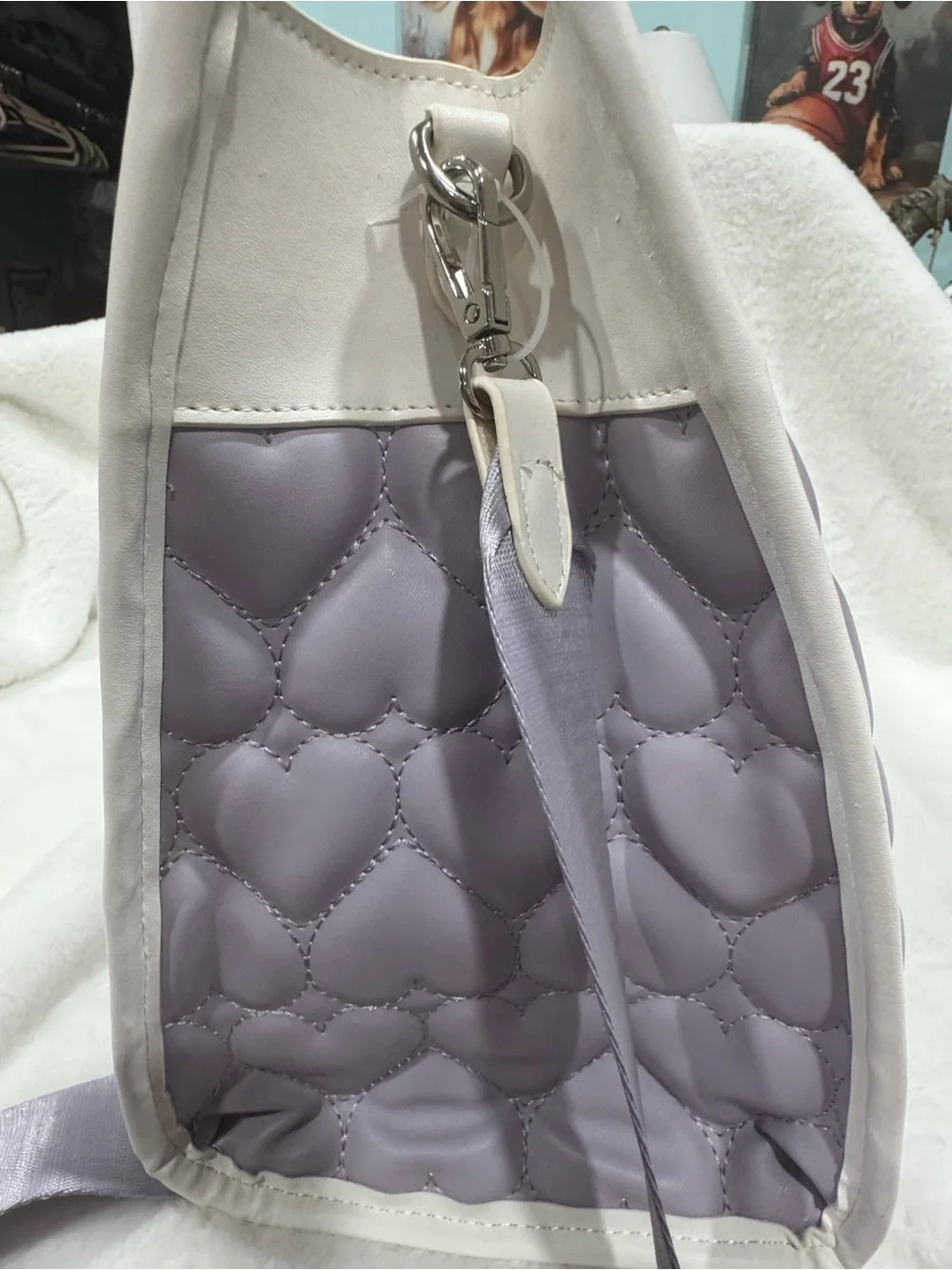 NWT Heart-Quilted Lavender and White Tote Bag by Betsey Johnson